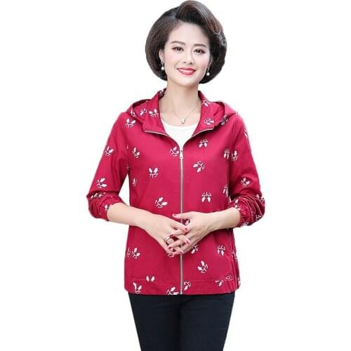 Middle-aged and Elderly Womens Coat Spring Autumn print Casual Jacket Plus Size 5XL Zipper Hooded Thin Outerwear Female Tops
