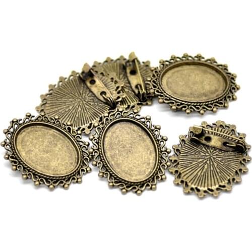 10Pcs Brooches Cabochon Cameo Setting Safety Pins Oval Frame Bronze Tone Crafts Jewelry Making DIY Findings 3.5x3cm(Fit 25x18mm)