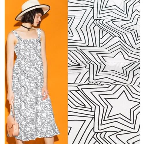 135CM 14MM Line Stars Print White Silk Crepe de Chine Fabric for Spring Summer Dress Blouse Skirt Shirt Pants JH179