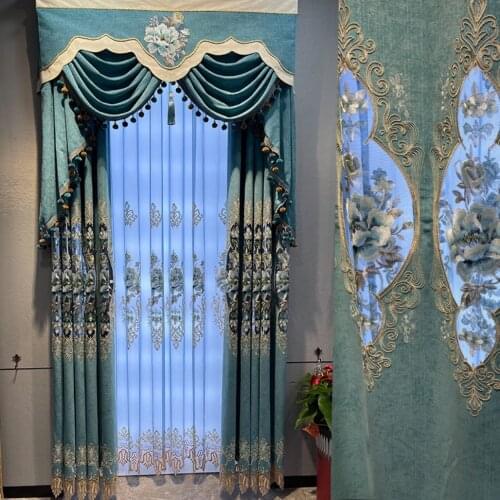2021 New Nordic Curtains for Living Room Finished Thickened Shading Chenille Blue Embroidered Hollow Curtains Can Be Customized