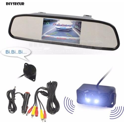 DIYSECUR Auto Speaker Parking Monitor System Parking Radar Sensor LED Night Vision Car Camera + 4.3 inch Car Mirror Monitor