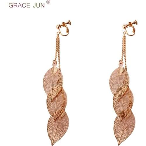 GRACE JUN Copper Material Leaf Tassel Clip on Earrings and Long Chain Drop Pierced Earring for Women Best Jewelry Not Allergy