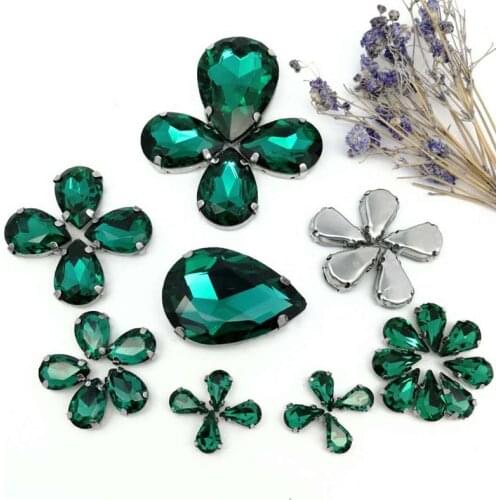 35pcs8Sizes MIX Malachite green DR shape Crystal Glass Sew-on Rhinestones Silver Bottom DIY Mobile phone shell and Wedding dress