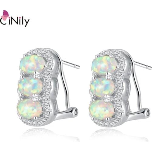 CiNily Created White Blue Fire Opal Cubic Zirconia Silver Plated Wholesale for Women Jewelry Clip Earrings 16mm OH4490-91