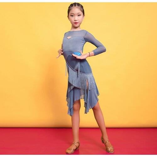 2021 New G3296 Long Sleeve Kids Latin Dance Dress Tassel Design Girl Latin Dancing Cloth Stage Ballroom Dancewear
