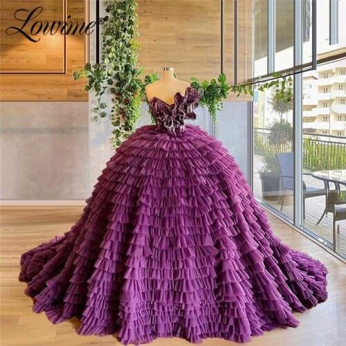 Dark Purple Prom Dresses 2020 Customized Beaded Tassel Puffy Long Party Dress Evening Wear Arabic Dubai Pageant Evening Gowns