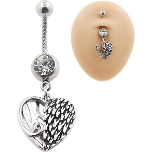 JHJT Angel Love Wing Heart Navel Piercing Ombligo Zircon 316L Surgical Steel Dangle Belly Button Rings Pircing Jewelry 14G