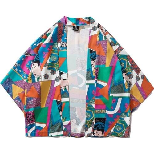 Color Block Patchwork Yukata Haori Men Japanese Kimono Cardigan Clothing Jacket Womens Ukiyoe Kimono Shirt Traditional Thin Robe