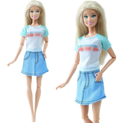 BJDBUS Fashion Summer Outfit Denim Skirt White T-shirts Casual Wear Tops Bottoms Dress Clothes for Barbie Doll Kid Toy