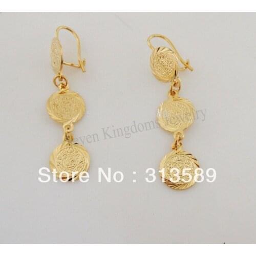 MIx ORDER 10$ get free shipping/- YELLOW GOLD SOLID GP 1.77" MUSLIM ISLAMIC MONEY SIGN EARRING/GREAT GIFT