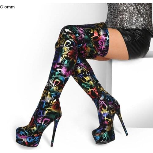 Olomm New Arrival Handmade Women Thigh High Boots Stiletto Heels Round Toe Gorgeous Graffiti Party Club Shoes Women US Size 5-13