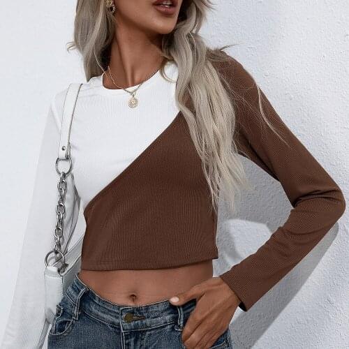 Autumn and Winter Self-cultivation Navel Stitching Contrast Color Slim Ultra-short Sexy Round Neck Long Sleeve T-Shirt Top Women