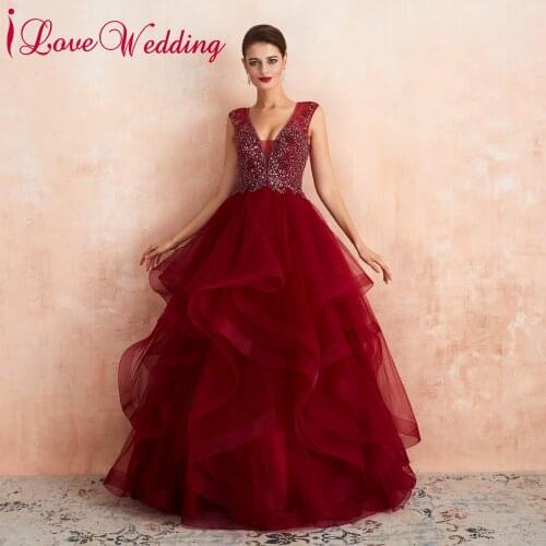 Gorgeous Evening Dress Sexy V Neck Heavy Beaded Wine Red Tulle Ruffles Ball Gown Formal Dress Evening Long Dresses