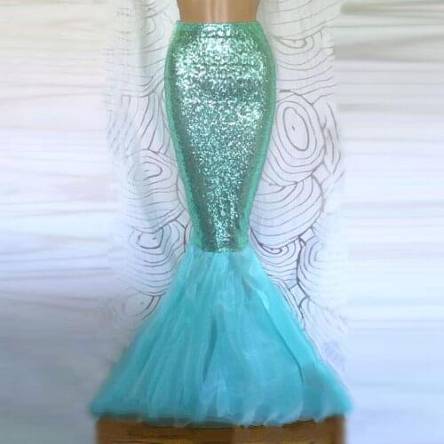 2018 New Sequin Mermaid Skirt for Women Fashion Design High Waist Maxi Sequins Skirt with Organza Train Custom Made Prom Costume