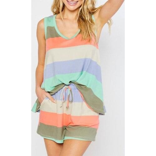 Women Summer 2pcs Pajamas Set Sleeveless Loose Tank Top with Drawstring Shorts Colorful Striped Loungewear Sleepwear