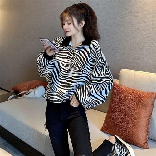 2021 spring new Korean version half zipper high neck loose top zebra pattern long sleeve sweater female tide ins college wind to