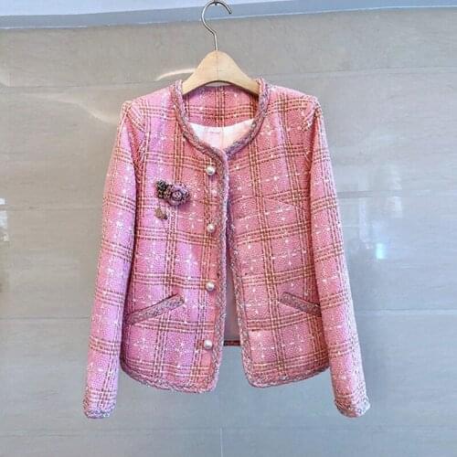 2021 Autumn Chic Ladys elegant plaid coat Hot fashion womens O-neck pearls buttons tweed jackets C236