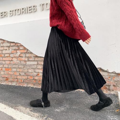 Gold Velvet Pleated Skirt Female Spring And Autumn Mid-Length Section In Autumn And Winter High Waist And Thin A-Line Long Skirt