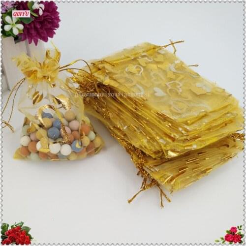 50Pcs7X9cm 9X12cm 11X16cm 13X18cm Gold Love heart rose Organza bag Wedding voile gift Christmas Bags Jewelry packing 7D