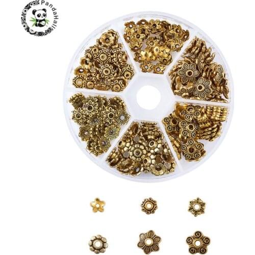 1Box Mixed Style Tibetan Style Alloy Flower Bead Caps, Antique Silver Color 7~10x4~10mm, Hole: 1~2mm; about 30pcs/compartment