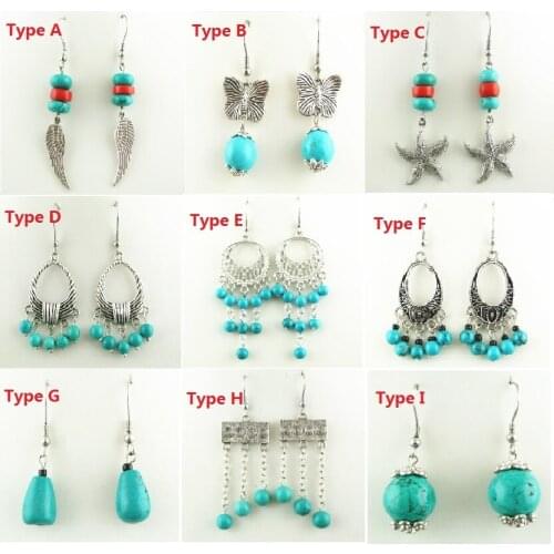 10pcs Mixed Style Retro Natural Blue Howlite Jewelry Silver Color Charm Drop Earrings