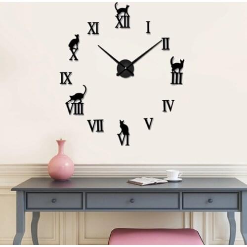 3d Cat Wall Stickers Large Decorative Roman Number Acrylic Wall Clocks Brief Design Diy Clocks Digital Watch Quartz Living Room
