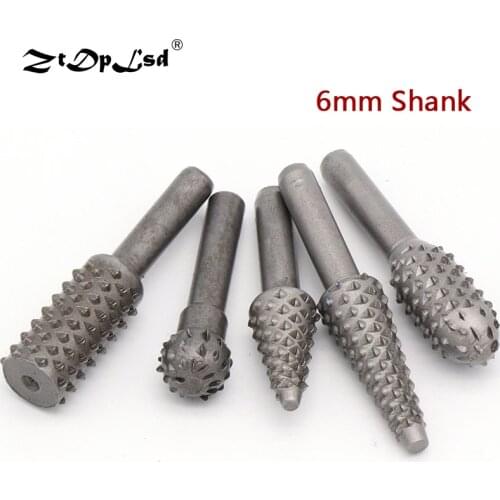 5Pcs 6mm Shank Rotary Burr Wood Rasp File Drill Bits Set For Woodworking Profiled Carving Embossing Rotating Knives HSS Files