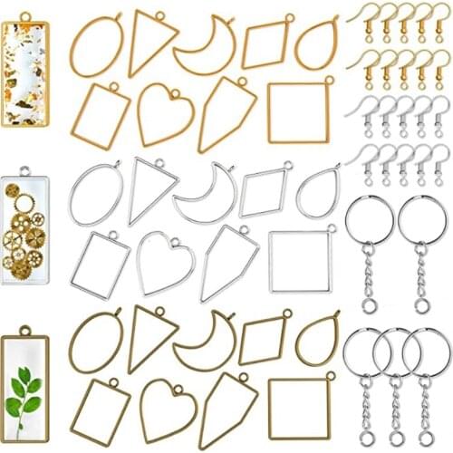 55 Pcs UV Epoxy Hollow Frames Resin Craft Open Bezels Pendants with Keychain Rings and Earring Hooks for Necklaces Bracelet