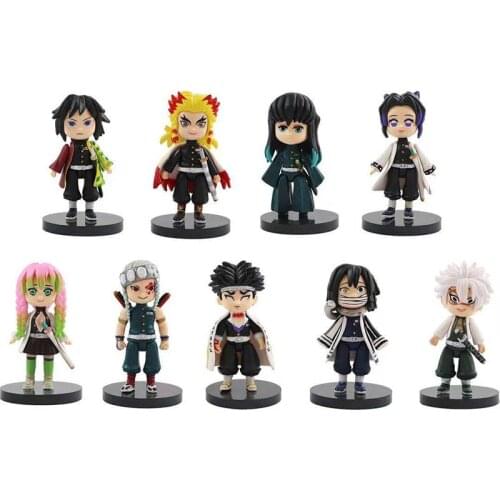 9PCS NEW Design Demon Slayer Sitting Ghost Doll Tanjiro Nidouzi Inosuke Zenizu Figure Action Figure Movie Model Toys Doll