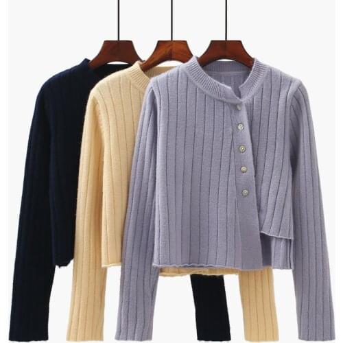 Asymmetrical Knitted Women Sweater Cardigan 2020 Winter New Solid Button Long-sleeved Short High Waist Female Outwear Tops