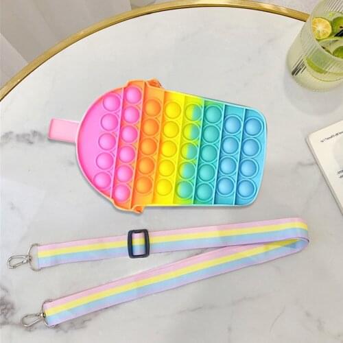 Rainbow Milk Tea Cup Pencil Case with Strap Push Bubble Stress Reliever Sensory Fidget Toys Anti Stress Coin Bag for Adults Kids