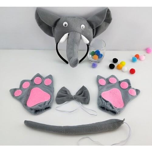 New Kids Children 3D Elephant Party Headband Tie Tail Paws Gloves Cosplay Animal Set Costume Halloween Christmas Carnival