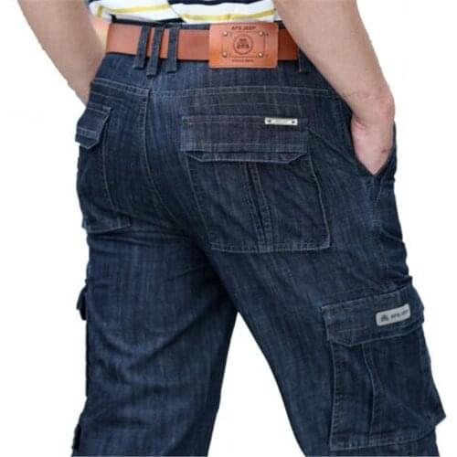 Mens Military Jeans Pants Workwear Multi-pockets Cargo Jeans Straight Motorcycle Denim Pants Casual Biker Long Trousers size 44