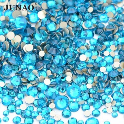 JUNAO 1400pcs Mix Size Blue Zircon Glass Nail Art Rhinestones Glue On Flatback Gems Glitters Strass Diamond for Decoration