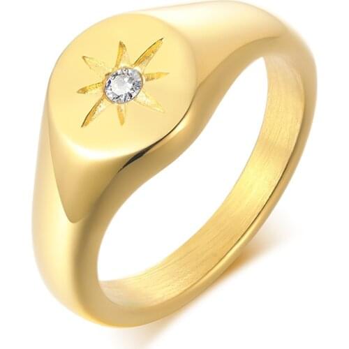 Starburst Signet Ring for Women Stainless Steel with Cubic Zirconia Wedding Brand Pinky Rings Statement Jewelry