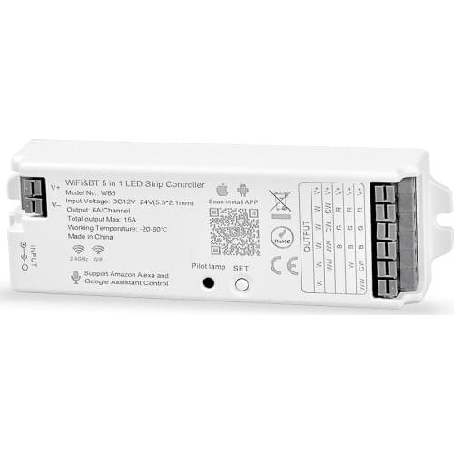 Tuya App WB5 WIFI&BT 5 in 1 LED Strip Controller for Single Color, Dual White, RGB, RGBW,RGB+CCT LED Strip