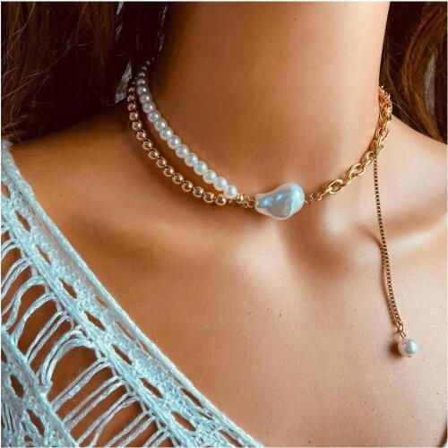 Korea Fashion Simulated Pearl Choker Necklace Punk Hip Hop Gold Color Heart Lock Cross Pendant Necklace For Women Party GIft