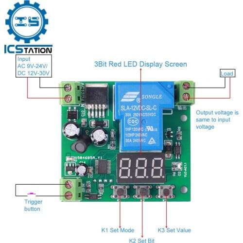 AC/ DC 12V 24V 30A Multifunction Timer Delay Relay Module PNP Trigger High Power On/ Off Adjustable Countdown Timer for PLC LED