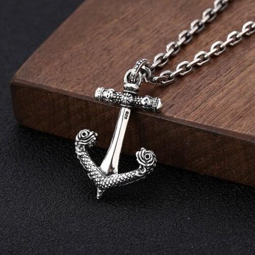 BOCAI 2021 Real s925 Silver Jewelry Retro Personality Trendy Fashion Skull Anchor Necklace Pendant for Men and Women