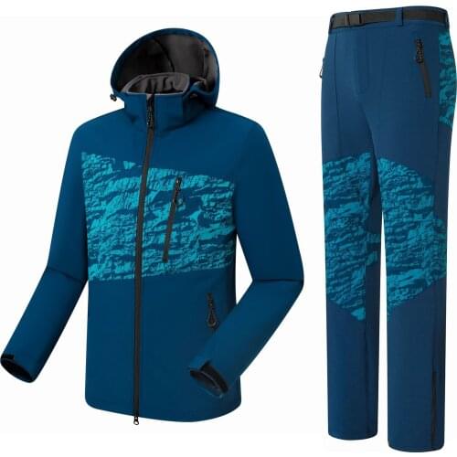 2019 Men Hiking Jacket Pant Softshell Clothing Trouser Fleece Suit Windproof Water Repellent Single Zipper Mountain Camping New