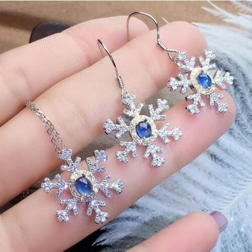 Smiling snowflake Stars Natural blue sapphire S925 silver drop earrings Pendant natural gemstone Jewelry Set girl birthday gift