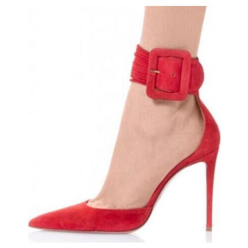 Newest Ladys Red Nude Black Suede Big Buckle Pointed Toe Pumps Woman Shallow Hollow Out Stiletto Heels Dress Party Shoes 45