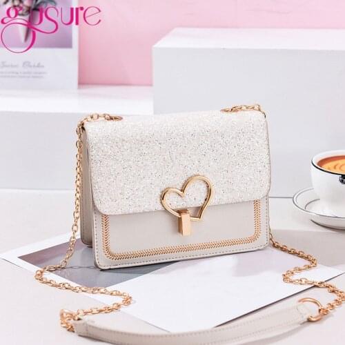 Gusure 2021 New Arrival Women Bag Heart Buckle Glitter Sequins Chain Shoulder Crossbody Bag PU Leather Small Flap Handbags