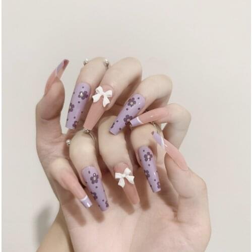 24pcs Purple Taro Flower Printed Nail Patch Glue Type Removable Long Paragraph Fashion Manicure False Nail Patch DL