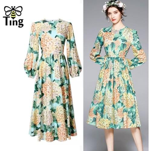 Tingfly Vintage Elegant Floral Printing Women Autumn A Line Dress Boho Fashion Lady Chic Casual Dresses Traf Elbise Robes Za