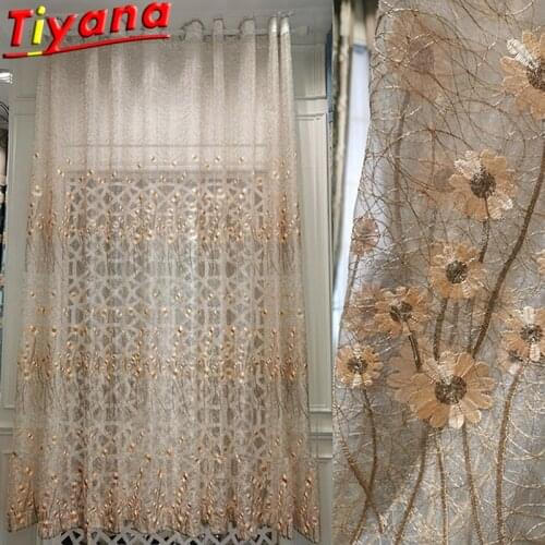 Luxury Flowers Birds Nest Embroidered Curtains for Living Room Beige/Coffee Modern Art Tulle for Balcony Home Decoration#VT