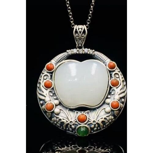 S 925 Sterling Silver Inlaid Natural Hetian Jade Pendant, Authentic Necklace With Retro Temperament Pendant