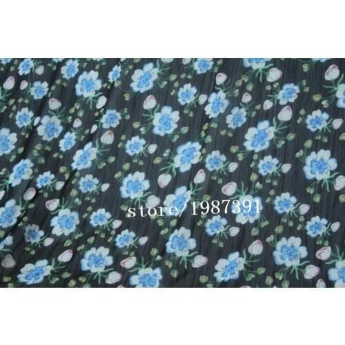 145cm width Chiffon crepe fabric blue flowers pattern black background can see through for skirt suit-dress headband CH-8099