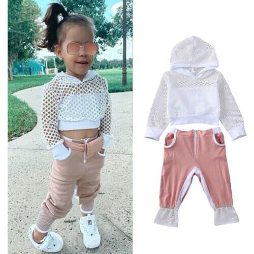 2020 Infant Baby Girl Clothes Sets Tracksuit 2PCS Outfits Long Sleeve Hooded Mesh Top Casual Pants Trousers