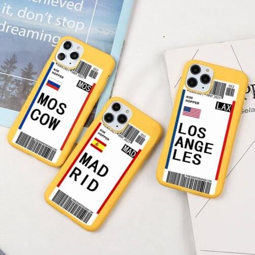World Country Label Air Tickets Phone Case For iphone 12 11 Pro Max Mini XS 8 7 6 6S Plus X SE 2020 XR Candy yellow Silicone